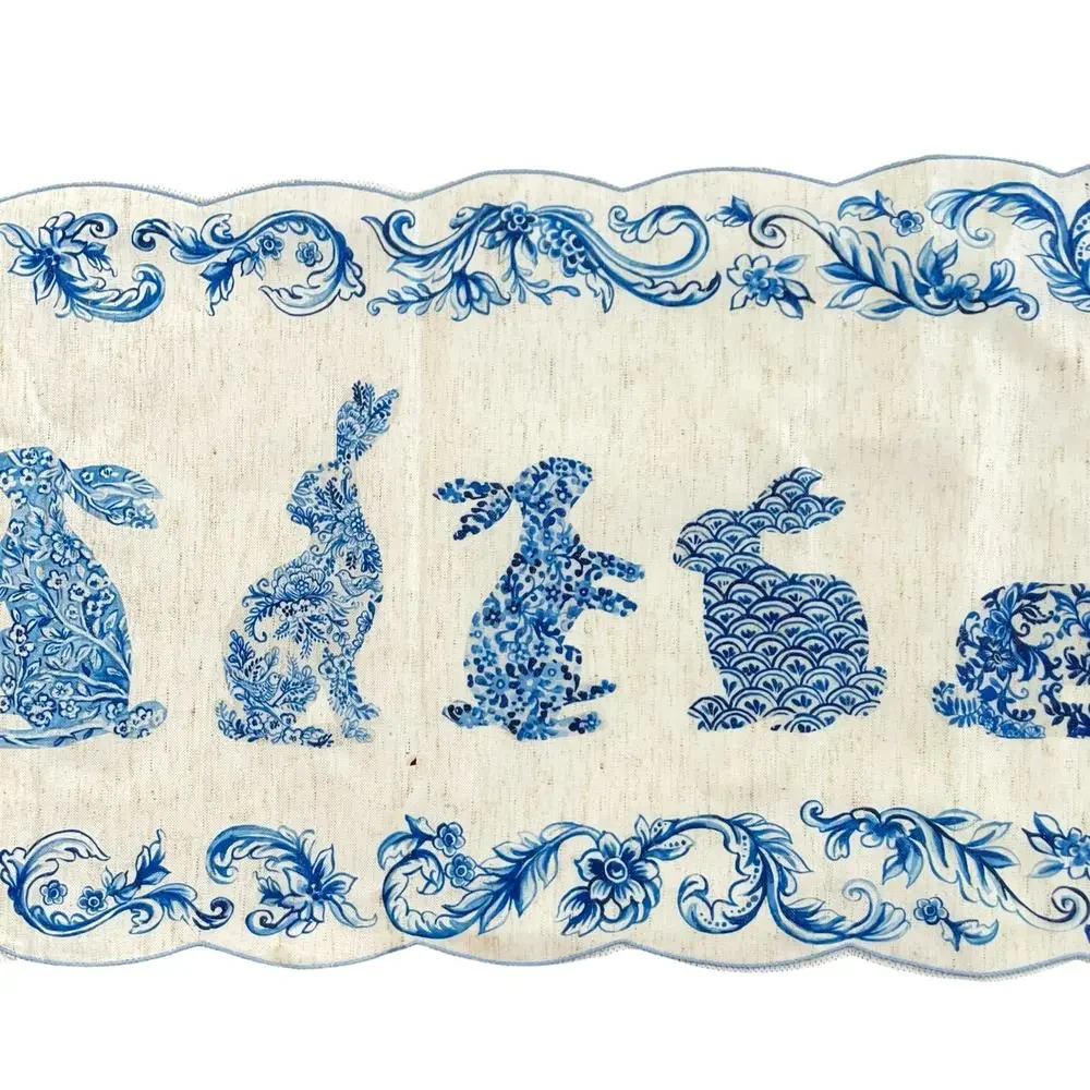 RACHEL ROY Blue Bunny Rabbit TOILE Easter Table Runner 14x90 New